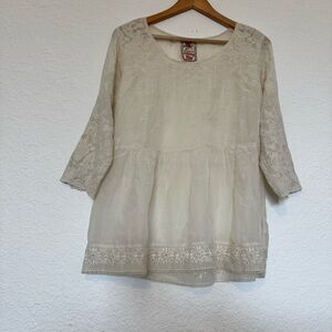 Johnny Was Floral Embroidered 3/4 Sleeve Ivory Tunic Top Womens Small
